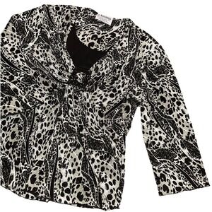 Amana Black & White Leopard Print V-Neck Twist Front Buckle Blouse USA Women's L